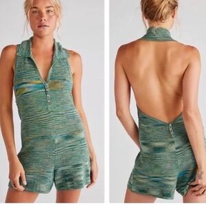 Free People romper shorts halter Summer Nights green knit sweater XS NEW